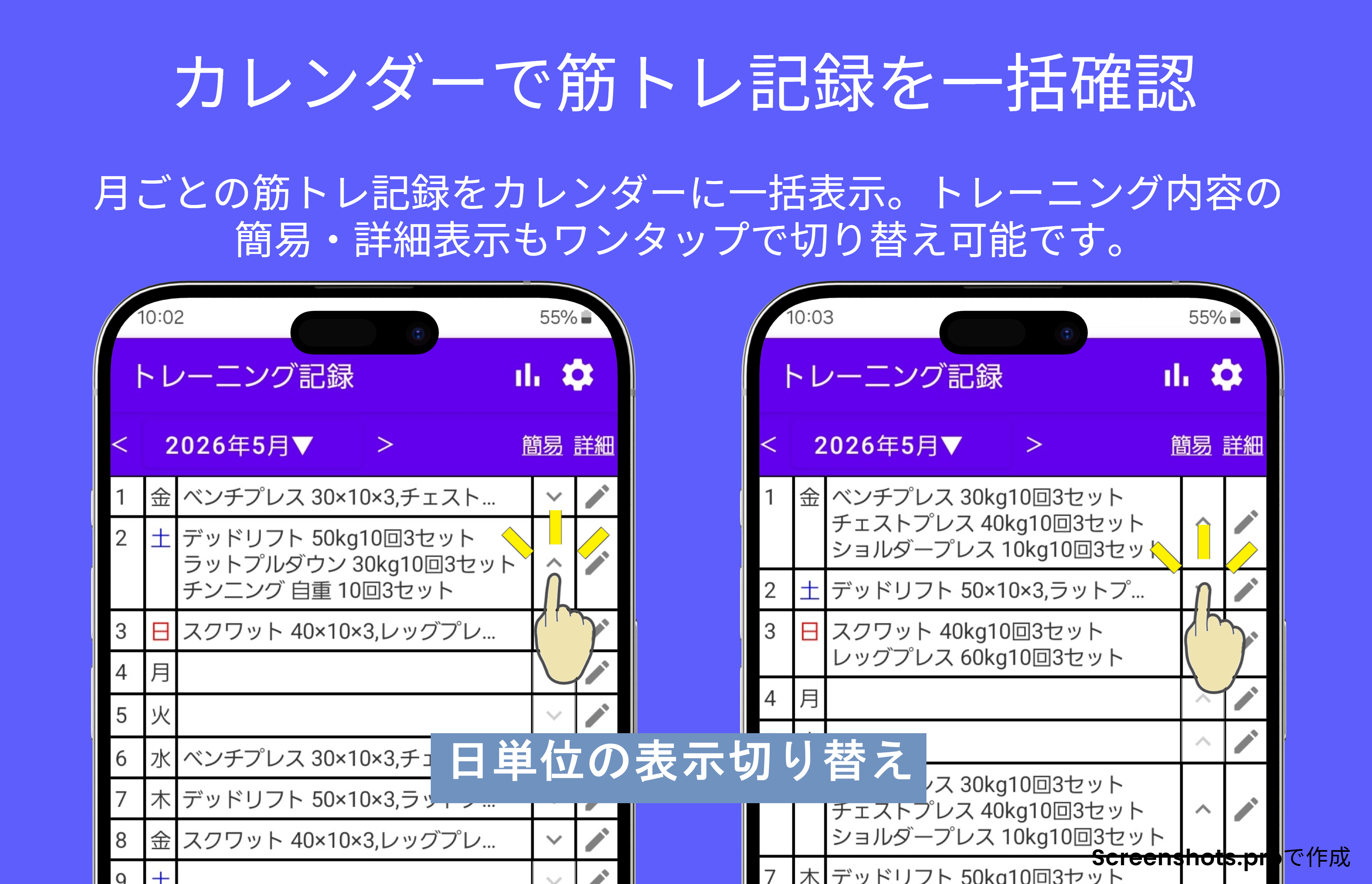日単位での簡易表示・詳細表示の切り替え